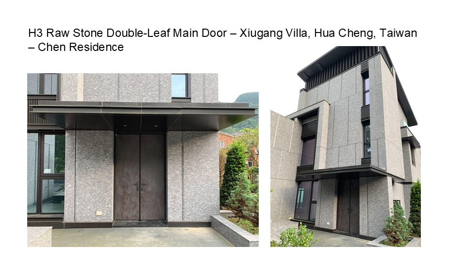 H3 Raw Stone Double-Leaf Main Door – Xiugang Villa, Hua Cheng, Taiwan– Chen Residence, Blue Whale Door